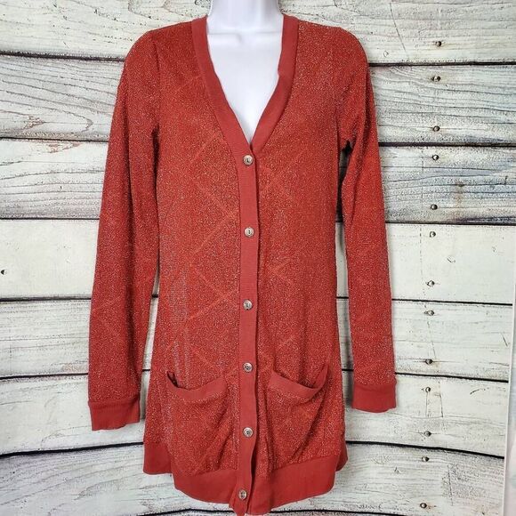 BKE Red Women’s Metallic Rust Shimmer Longline Cardigan Sweater Size Medium - Picture 2 of 7